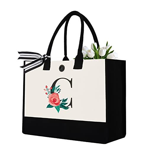 Image of Initial Canvas Tote Bag, Monogrammed Tote Bags Suitable for Mother's Day Wedding Beach