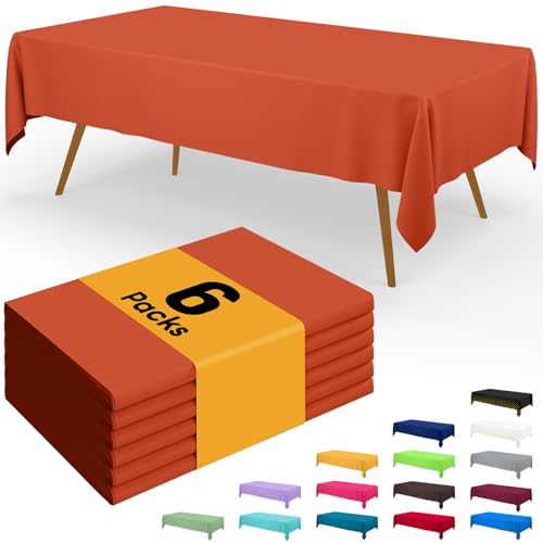Image of Smiry Disposable Table Cloth - 6 Pack, 54 x 108 Inch Waterproof Rectangle Tablecloths for Parties, Decorative Plastic Table Cover, Leakproof & Sturdy, Burnt Orange