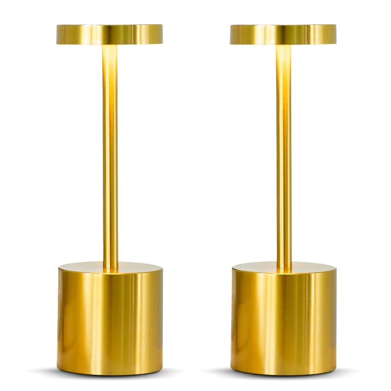 cordless table lamps - golden wireless led table light with 3 color stepless dimming by touch - chic indoor and outdoor table lamp with stylish rounded design for home, restaurant and more - pack of 2