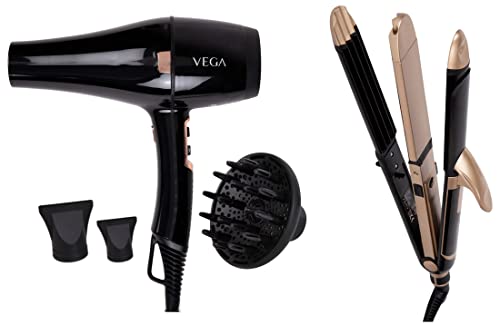 VEGA Pro-Xpert 2200 Watts Professional Hair Dryer with Diffuser & 2 Detachable Nozzles (VHDP-03) Black & 3 in 1 Hair Styler, Straightener, Curler & Crimper (VHSCC-01), Black
