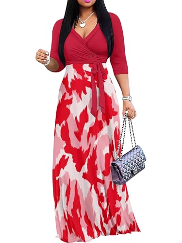 Image of PinkPatty Plus Size Dresses for Curvy Women V Neck Flowy Long Sleeves Wrap Maxi Dress Travel Vacation Outfits
