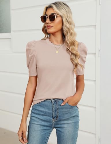 Image of AKEWEI Puff Short Sleeve Sweater for Women Tops Trendy Spring Summer 2025 Business Casual Outfits Knit Crewneck Shirt Blouses