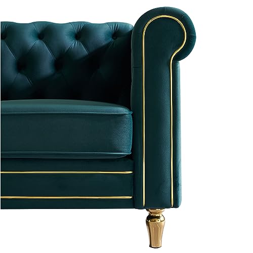 Image of KEIKI 85 inch Chesterfield Velvet Tufted Button Sofa with Deep Seat Cushions and Rolled Arms, Modern Style 3-Seater Couch Decorated with Gold Strip, Easy Assembly, for Living Room, Bedroom, Office, Green