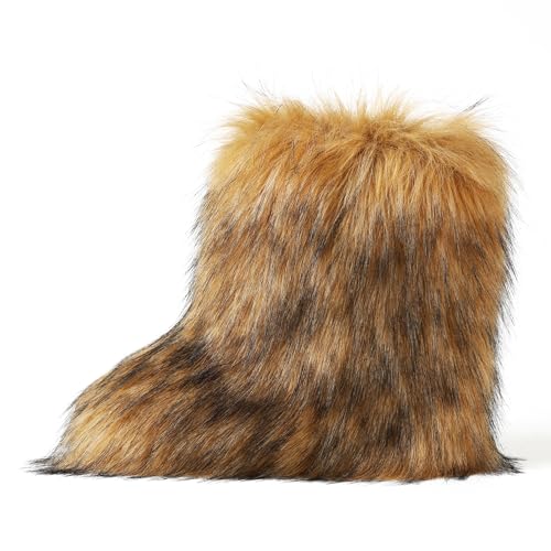 CELNEPHO Brown Women's Faux fur Boot Furry Fluffy Comfortable Mid-Calf Boots Round Toe Warm Fur Lined Snow Boots Y2K Outdoor Rave Outdoor Fashion Boots