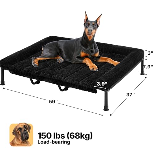 Veehoo Hundeliege Outdoor XXL Waschbar, Flauschiges Hundeliege mit Abnehmbarem Polster, Erhöhtes Hundebett Hundesofa mit Rutschfesten Füßen für Drinnen Draußen, Schwarz 150 x 94 x 20 cm