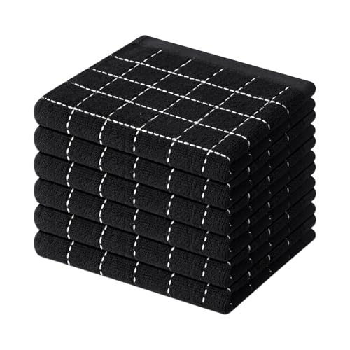Mordimy Cotton Terry Checkered Dish Cloths, 12"x 12", 6 Pack, Black