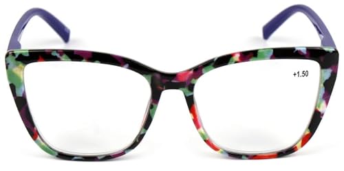 Fads & Fashions Women's Blue Green Red Mix With Blue Temples Cat Eye Funky Retro Reading Glasses With Spring Hinges Dx88 (, 2.5, X)