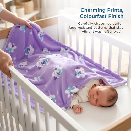 Image of Mee Mee Soft Single Layer Lightweight Flannel Baby Blanket with Cat Printed - Comfort and Warmth for Newborns (75 cm x 100 cm) 0-12 Months (Purple)