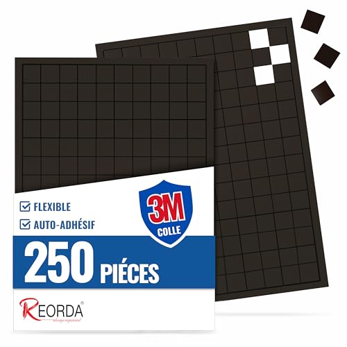REORDA® Plaquettes Magnétiques Autocollantes 250 Pièces - Plaquettes et Bandes Magnétiques Adhésives - Colle 3m Ultra-Forte - Aimants Plats Puissants -...