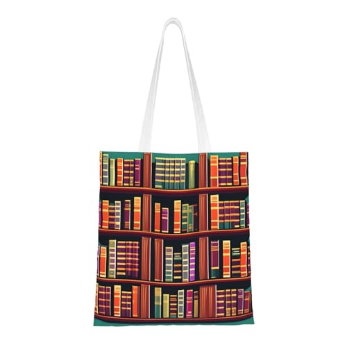 Library Bookshelf Print Polyester Canvas Tote Bag, Shopping Bag With Reinforced Handles, Reusable