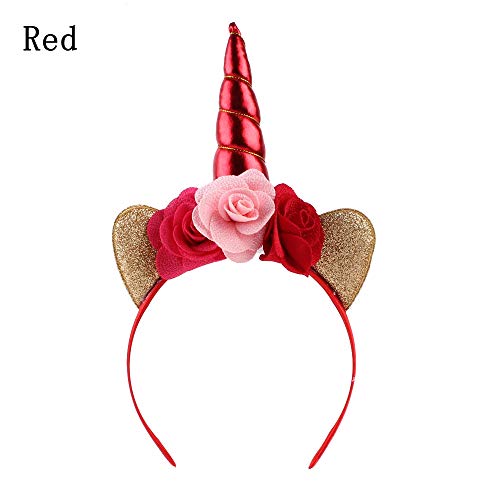Christmas Tiara Glitter Metallic Rainbow Bowknot Unicorn Horn With Flowers Hair Hoop Party For Kids Cat Ear Headband red