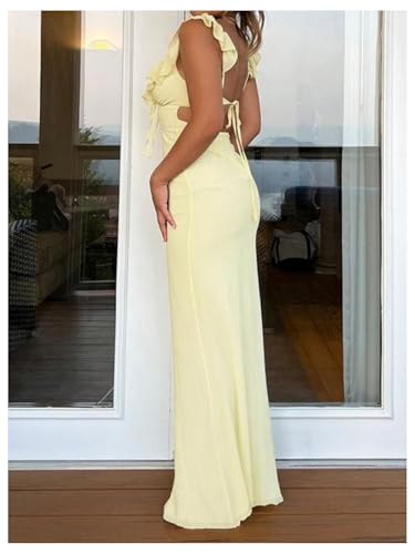SOLY HUX Women's Summer Maxi Dress V Neck Ruffle Sleeveless Bodycon Cocktail Party Long Dresses2
