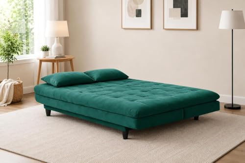 Image of Velvet Fabric Wooden 3-Seater Apsen Sofa Bed with Tufted Couch with Adjustable Backrest- Living Room Furniture-Green-Color