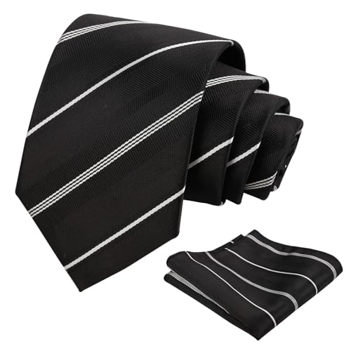 Alizeal Mens 3.15 Solid Stripe Tie with Pocket Square Necktie Set Black Stripe