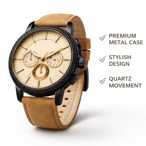 Image of Chronograph Watch, Black Case with Tan Leather Strap, Gold Dial, Multi-Function Display