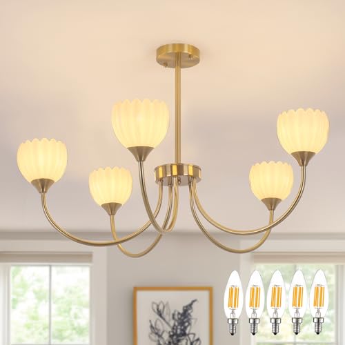 Image of Shenmoyl 30.31 inch Brass Gold 5-Light Chandelier, 5-Arm White Tulip Glass Pendant Light Fixture, Height Adjustable Vintage Branch Chandelier for Dining Room Living Room Kitchen Island Farmhouse