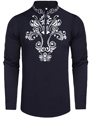 Pacinoble Mens Printed Slim Fit Long Sleeve Cotton Casual Henley Shirt Navy Blue