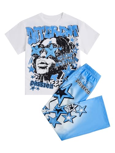 SOLY HUX Boys Summer Outfit Graphic Short Sleeve T Shirt and Pants Clothing Set 2 Piece Streetwear Blue White Multi 11Y