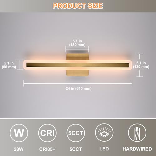 Image of Modern Bathroom Vanity Light 24.0 Inch, 28W 5CCT Dimmable LED Vanity Light Bar, Brushed Brass LED Wall Sconces Bath Lighting Fixtures Over Mirror for Bathroom Cabinets Bedroom Living Room