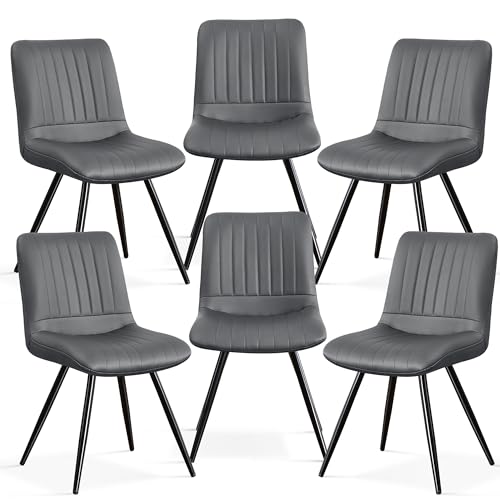 Image of Dining Chairs Set of 6, Modern Dining Chairs with Thick Cushions, PU Leather Upholstered Kitchen Dining Chairs with Metal Legs for Dining Living Room, Dark Grey