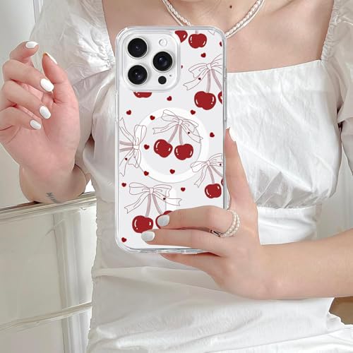 Houdqklee Magnetic Bows for iPhone 14 Pro max Case, Cute Pink Ribbon Bow Cherry Phone Case Compatible with MagSafe, Shockproof Slim Soft TPU Clear Aesthetic Protective Cases for Women Girls - image 6