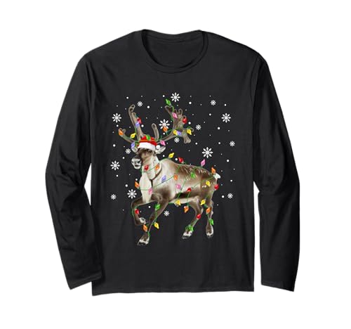 Reindeer Christmas Lights Funny Santa Hat Animal Lover Xmas Long Sleeve T-Shirt