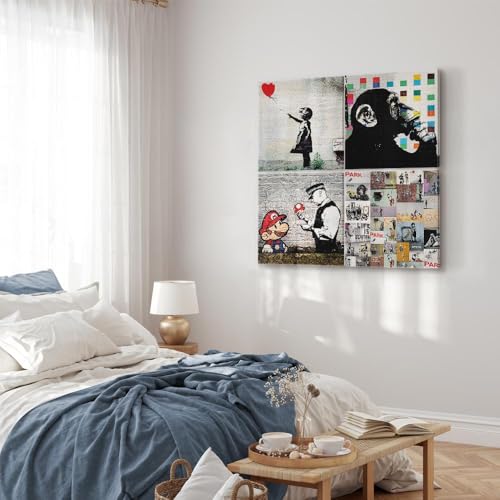 murando – Bilder Banksy 40×40 cm Vlies Leinwandbild 4 Teilig Kunstdruck modern Wandbilder XXL Wanddekoration Design Wand Bild – schwarz weiß AFFE Mario i-B-0057-b-a - 5