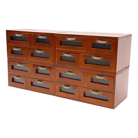 4 Pcs Library Card Catalog Cabinet with 4 Drawers Vintage Wooden Storage Box with Metal Handle Stackable Rustic Desktop Drawer Organizers Multi Drawer Apothecary Cabinet for Home Office Storage, Brown Cover