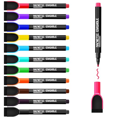 PRZRU Magnetic Dry Erase Markers Fine Tip - 12 Colors Whiteboard Markers with Eraser Cap, Low Odor Thin Dry Erase Markers for Office Professional Use, Work On White board & Calendar