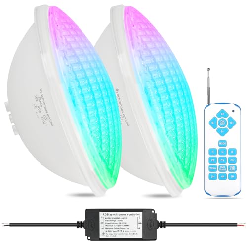 COOLWEST LED piscina PAR56, 36 W, proyector de piscina RGBW, multicolor Sincronizador externo con mando a distancia IP68, AC 12 V, regulable para iluminación de jardín de piscina de acuario(lote de 2)