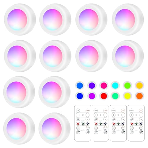 LED Puck Lights with Remote Control, 16 Color Changeable Under Cabinet with Control & Timing, Battery Operated Wireless Closet Lights for Closet, Bedroom,Kitchen,12 Pack - White