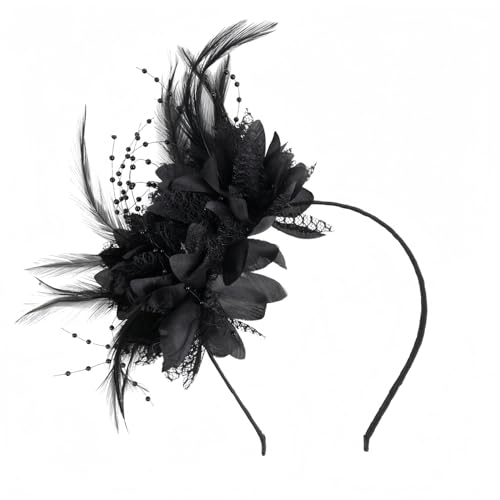Heanvmyss Feder Stirnband Feder Haarreif mit Künstlichen Blumen und Perlen 20er Jahre Haarschmuck Vintage Haarbänder Schwarze für Karneval Hochzeit Party
