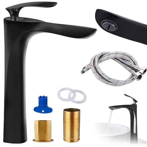 Torneira de Lavatório de Banheiro,Torneira Misturadora de Alça Única,Torneiras de Água Quente e Fria Montadas no Convés,Válvulas de Cerâmica,com Chave de Ajuste,Tubo de Teflon Quente e Frio (Preto)