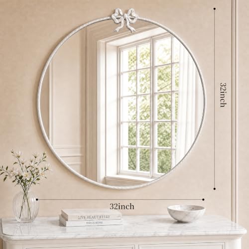 Image of 32 Inch White Circle Mirror, Bow Round Wall Mirror Vintage Decor