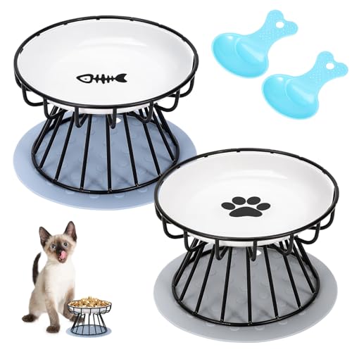 2 Stück Katzennapf Keramik mit Metallständer - Erhöhter Futternapf für Katzen, Katzennäpfe mit Rutschfester Matte, Fressnapf im modernen Design