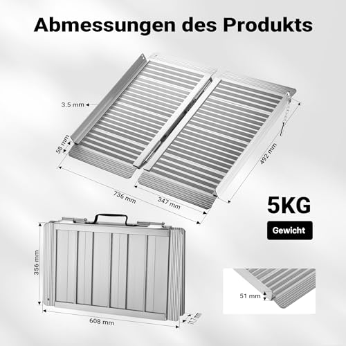 Wiltec Rollstuhlrampe faltbar 62 cm 270 kg, Mobile Auffahrschiene als Rollirampe, Aluminium Kofferrampe, Flachrampe klappbar