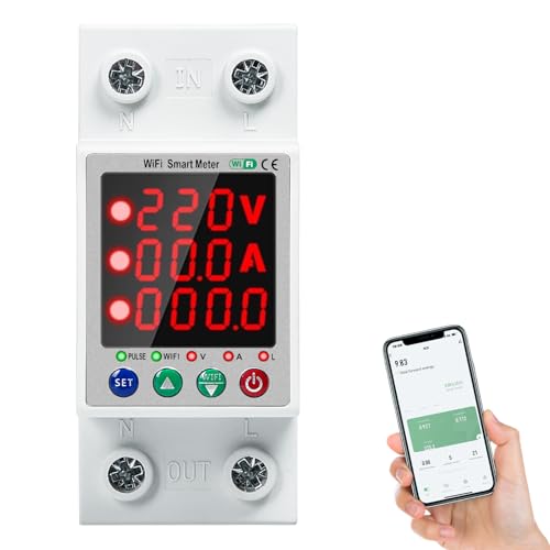 DEWIN Medidor Consumo Electrico WiFi, 2P 63A 230VAC Medidor Energia WiFi Contador Electrico Medidor De Electricidad Protector de sobrevoltaje y subvoltaje