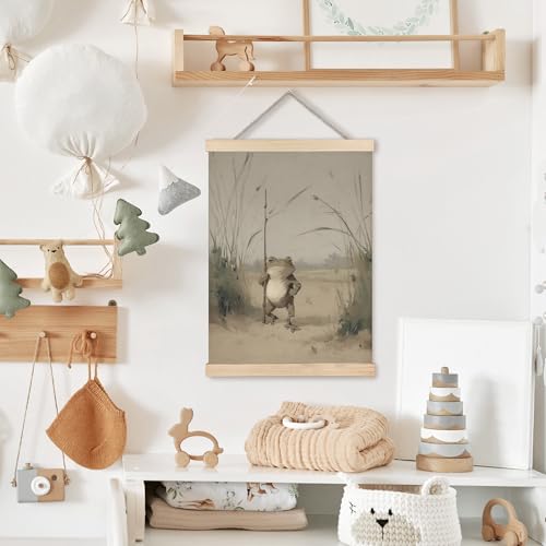 Image of PQKIY Whimsical Vintage Farmhouse Frog Traveler Wall Art Poster Hanger Frame 12x16 in, Moody Nature Weird Animal Wall Decor Canvas Prints for Home Bedroom Living Room