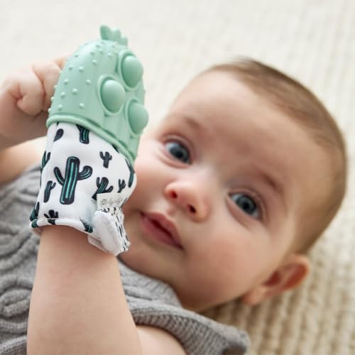 Image of Itzy Ritzy Silicone Teething Mitt - Soothing Infant Teething Mitten with Adjustable Strap, Crinkle Sound & Textured Silicone to Soothe Sore & Swollen Gums - for Ages 3 Months & Up (Cactus)