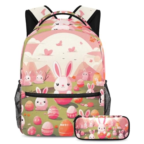 Sac à dos d'école rose œuf de lapin de Pâques avec trousse pour fille