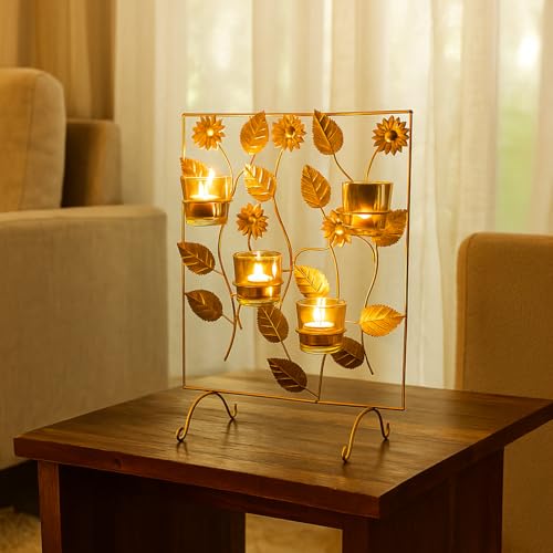 Image of MARKET 99 Metal 4 Votive T- Light Holder | Elegant Home Decor For Diwali, Christmas, Birthday, and Wedding | Decorative Candle Holder for Ideal for Festive & Ambient Lighting | Golden
