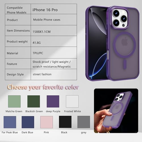 Image of Magnetic iPhone 16 Pro case,Compatible with Magsafe, Military-Grade Protection,Slim Translucent Matte Shockproof with Anti-Scratch Anti-Fingerprint Phone Cover (deep Purple, iPhone 16 Pro)