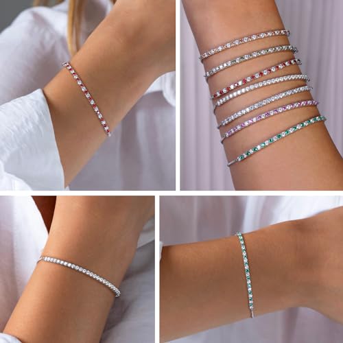 Bolo Bracelets, Birthstone or Moissanite Tennis Bracelets for Women 14K White Gold Plated Sterling Silver 2mm Multicolor Adjustable Tennis Bracelets for Women, Size 7.25"4