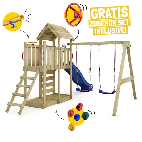 WICKEY Spielturm Klettergerüst MultiFlyer mit Holzdach, Schaukel & pastellgrüner Rutsche, Outdoor Kinder Kletterturm mit Sandkasten, Leiter & Spiel-Zubehör für den Garten