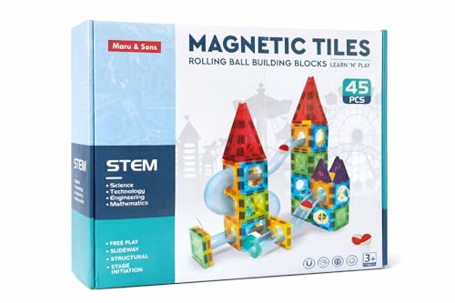 Magnetic Tiles 45 PCS Rolling Ball Building Blocks for Kids 3+ | ...