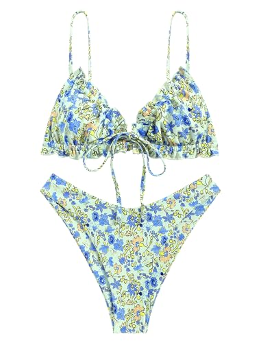 ZAFUL Women's Triangle Bikini Floral Ruffles Bow Tie Up Bikini Set Two Piece Swimsuit2