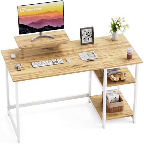 GreenForest Computer Home Office Schreibtisch mit reversiblen Speicherregalen 100cm Kleiner justierbaren Regalen für kleine Räume,Schlafzimmer,Student,moderner PC Laptop Tisch,Beige