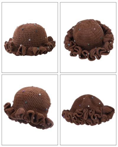 Image of Women Crochet Bucket Hat Cute Winter Ruffled Brim Floppy Cap Handmade Knit Cloche Hats