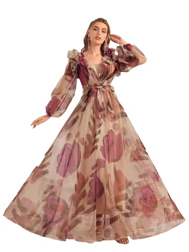 Image of TOLEEN Summer Casual Dresses for Women 2024 Spring Fashion Boho V Neck Long Sleeve Ruffle Floral Print Elegant Maxi Dress