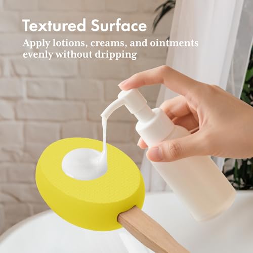 Image of AmazerBath Lotion Applicator for Back, Feet, 4 Replacement Pads with 17 inch Curved Handle, Back Sunscreen Applicator for Kids, Elderly, Women, Apply Skin Cream Medicine Moisturizer Tanner, Lemon Yellow